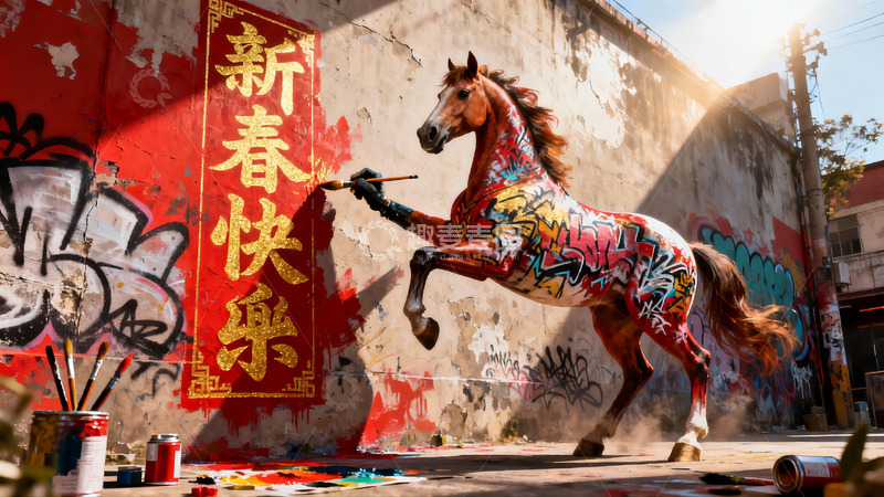 高清大图下载【趣麦麦图】街头艺术马绘新春祝福墙
