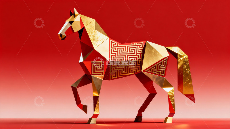 高清大图下载【趣麦麦图】红色背景上的金色几何马雕塑