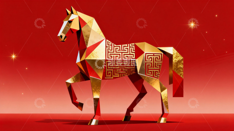 高清大图下载【趣麦麦图】红色背景下的金色几何马艺术造型