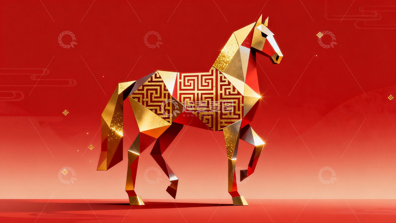 高清大图下载【趣麦麦图】红色背景上的金色几何马