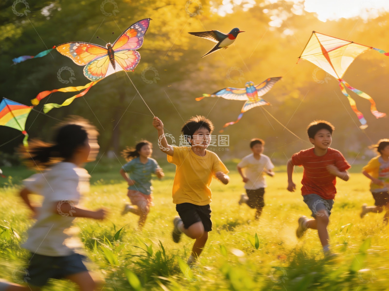 高清大图下载【趣麦麦图】孩子们户外放风筝奔跑