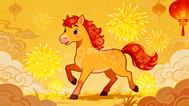 高清大图下载【趣麦麦图】卡通骏马烟花灯笼迎新春