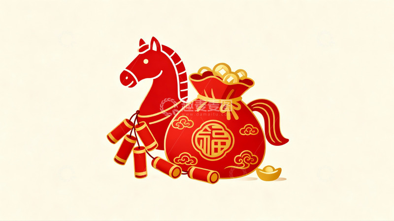 高清大图下载【趣麦麦图】红色马与财袋鞭炮新年图案