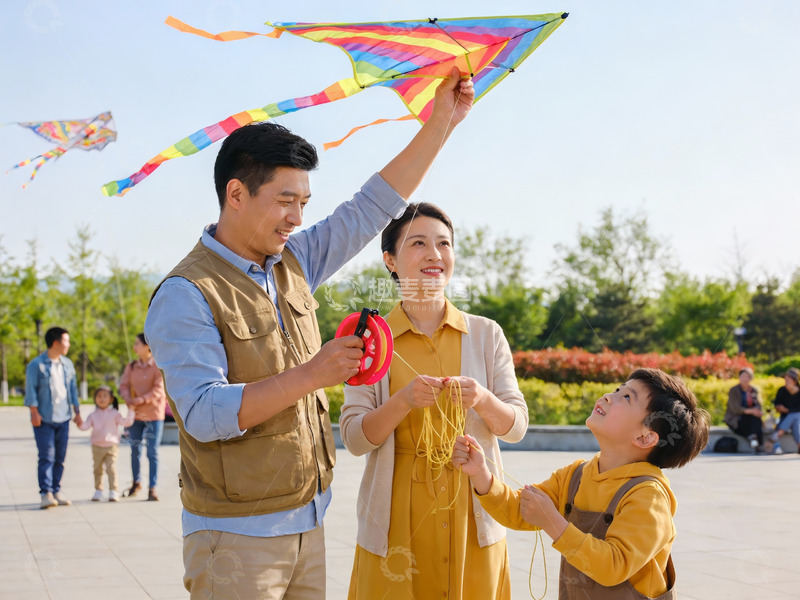 高清大图下载【趣麦麦图】家庭户外放风筝欢乐场景