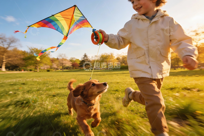 高清大图下载【趣麦麦图】小男孩公园放风筝与小狗奔跑