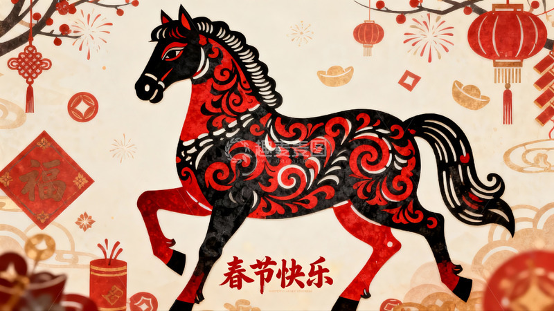 高清大图下载【趣麦麦图】春节剪纸马图案寓意吉祥