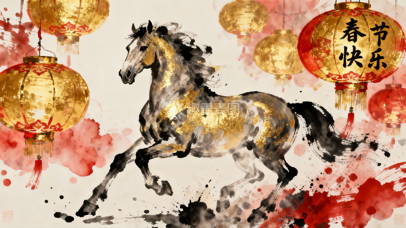高清大图下载【趣麦麦图】水墨骏马迎春灯笼贺岁图