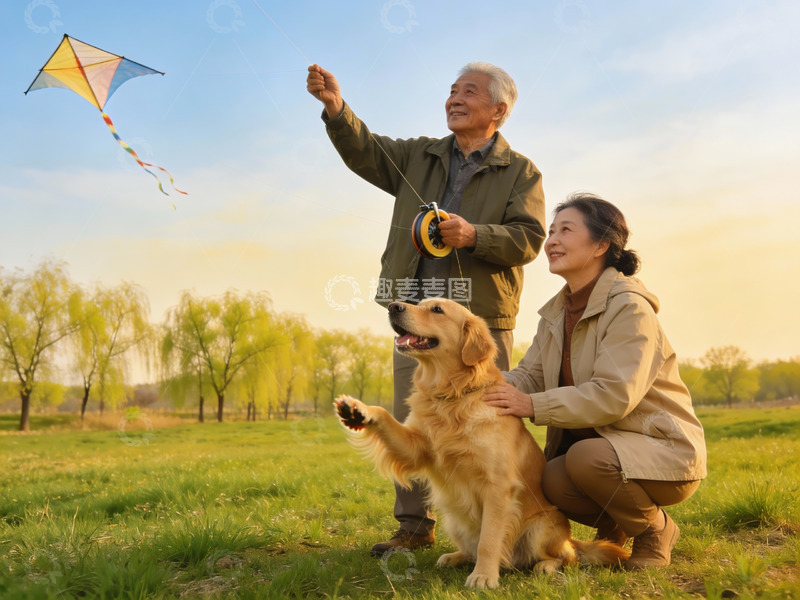 高清大图下载【趣麦麦图】老夫妇与爱犬放风筝