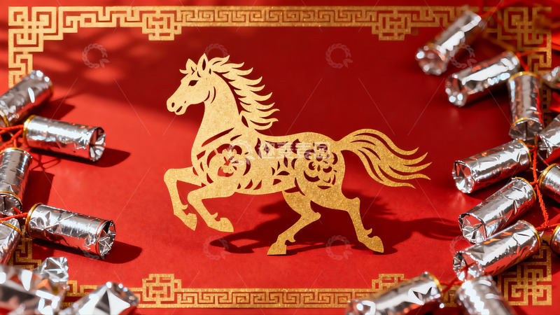 高清大图下载【趣麦麦图】红色背景上的金色马形剪纸与鞭炮