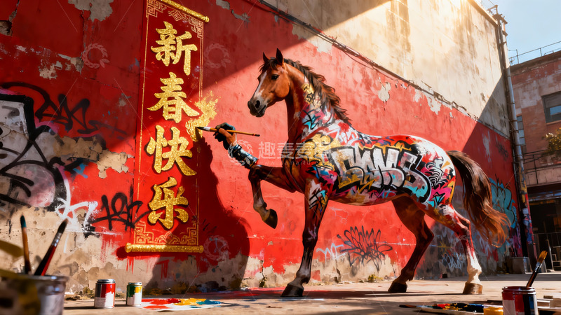 高清大图下载【趣麦麦图】街头彩绘骏马迎新春