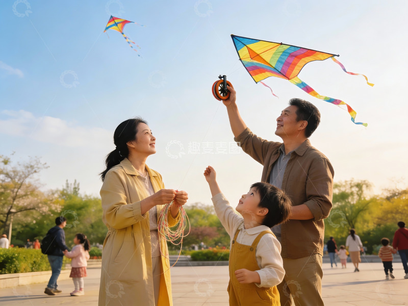 高清大图下载【趣麦麦图】家庭公园放风筝欢乐时光