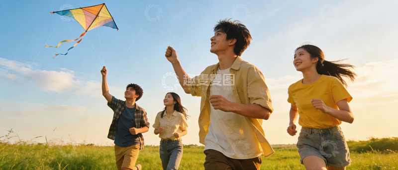 高清大图下载【趣麦麦图】四人户外奔跑放风筝