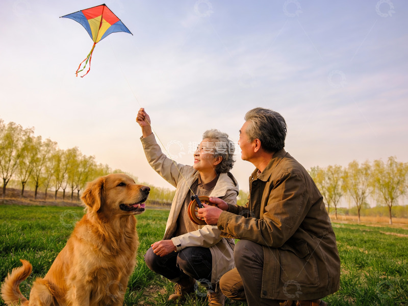 高清大图下载【趣麦麦图】老夫妻放风筝与狗相伴