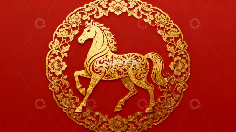 高清大图下载【趣麦麦图】红色背景金色马形剪纸艺术