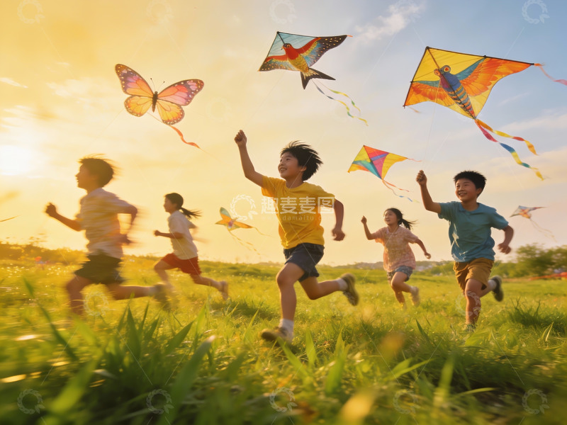 高清大图下载【趣麦麦图】孩子们草地上放风筝