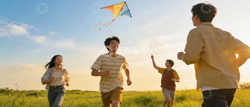 高清大图下载【趣麦麦图】四人田野放风筝欢乐奔跑