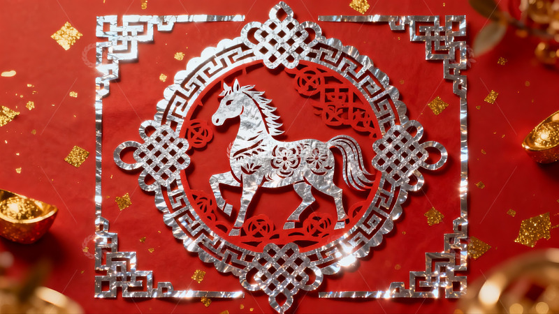 高清大图下载【趣麦麦图】红色背景上的银色马形剪纸艺术
