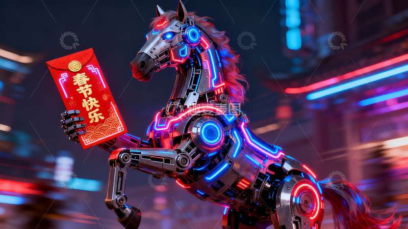 高清大图下载【趣麦麦图】机械马持红包迎新春