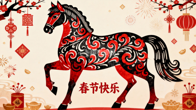 高清大图下载【趣麦麦图】春节剪纸艺术马年图案