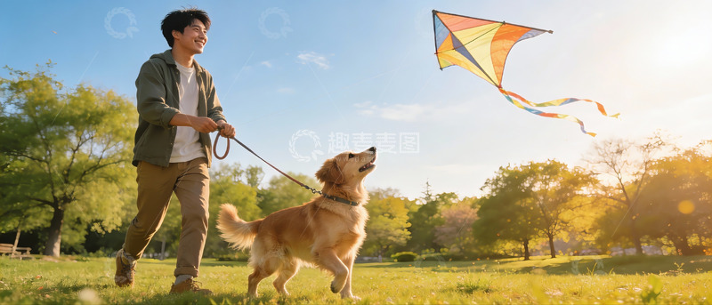 高清大图下载【趣麦麦图】男子与金毛犬放风筝