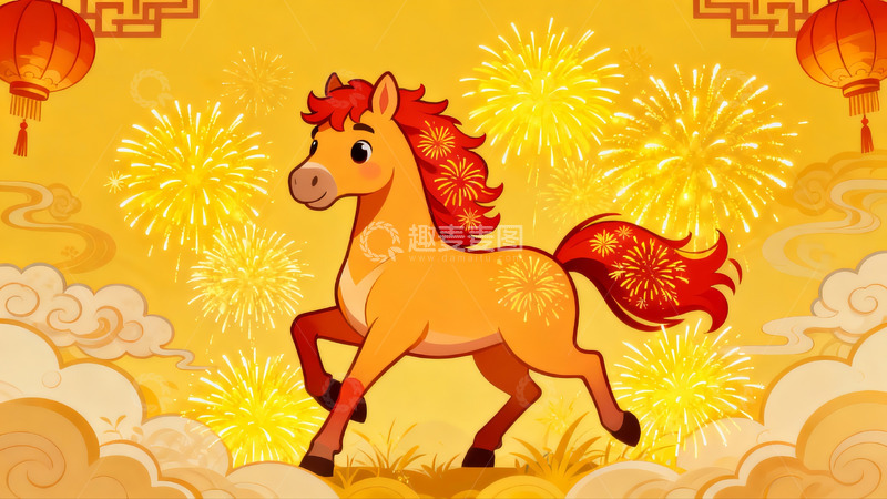 高清大图下载【趣麦麦图】卡通骏马烟花灯笼迎新年