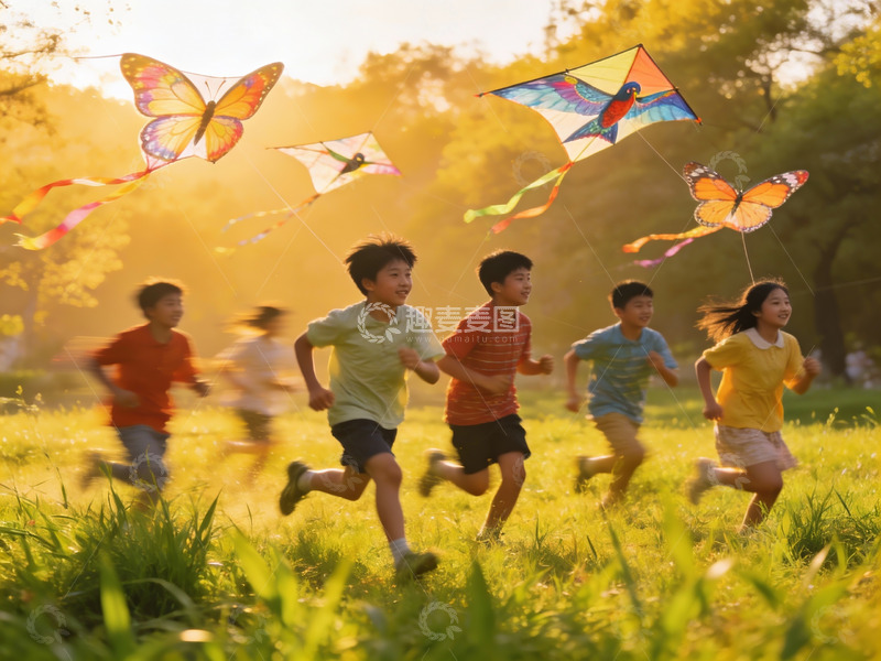 高清大图下载【趣麦麦图】-孩子们草地上放风筝