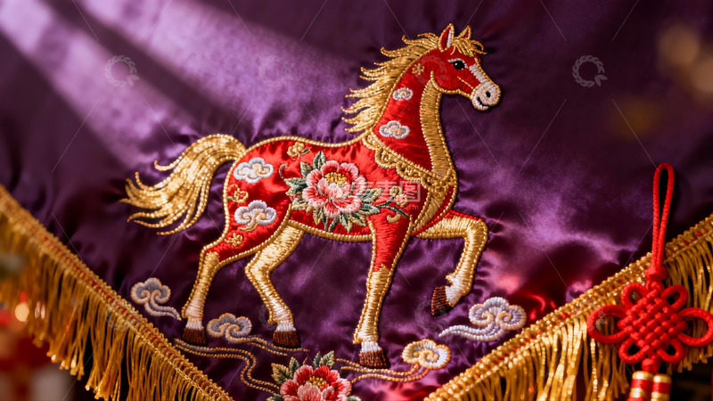 高清大图下载【趣麦麦图】紫色布料上的红色马刺绣图案