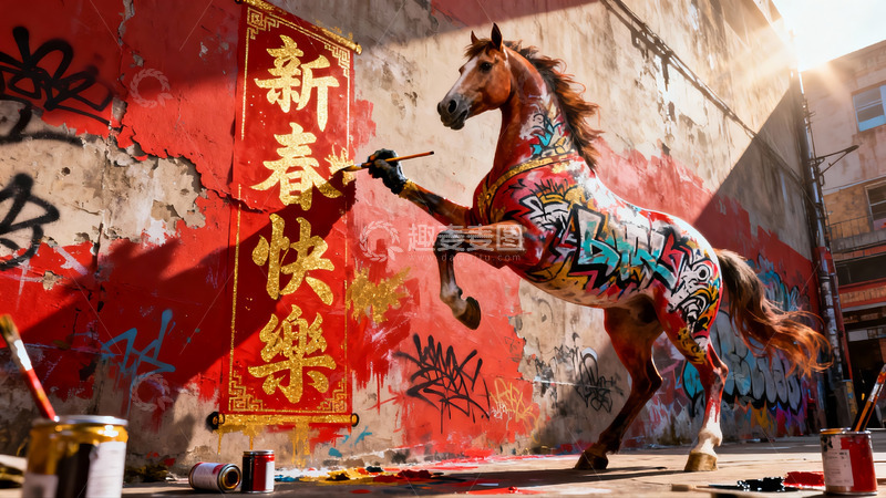 高清大图下载【趣麦麦图】街头彩绘骏马迎新春