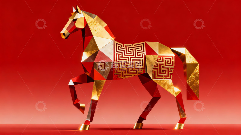 高清大图下载【趣麦麦图】红色背景上的金色几何马雕塑