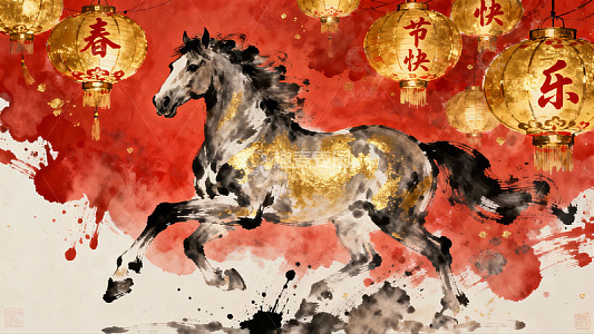 水墨骏马迎春灯笼装饰画