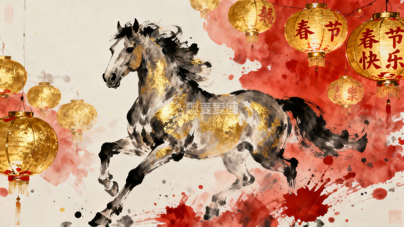 高清大图下载【趣麦麦图】水墨骏马迎春灯笼图