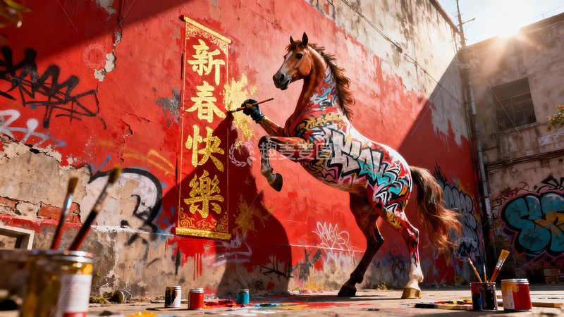 高清大图下载【趣麦麦图】街头彩绘骏马迎新春