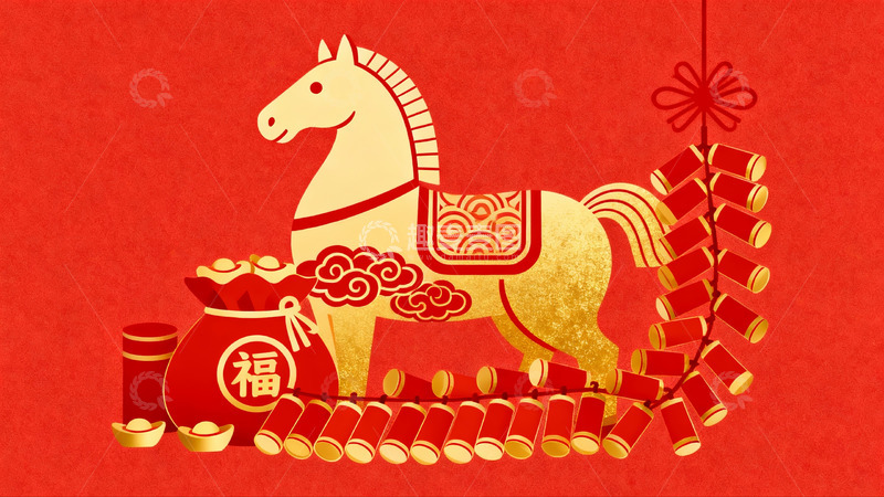 高清大图下载【趣麦麦图】红色背景上的马年春节插画