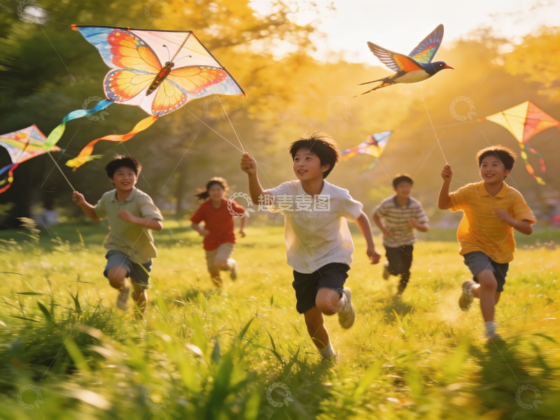 高清大图下载【趣麦麦图】孩子们草地上放风筝