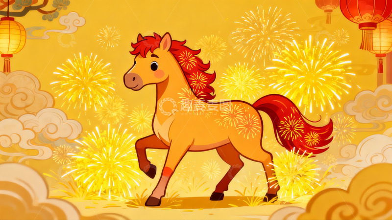 高清大图下载【趣麦麦图】卡通骏马烟花灯笼迎新春