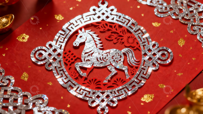 高清大图下载【趣麦麦图】红色背景上的马形剪纸艺术