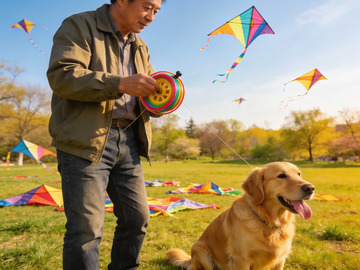 男子与金毛犬放风筝