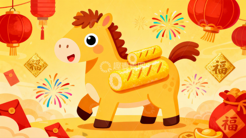 高清大图下载【趣麦麦图】卡通马驮年货迎新春