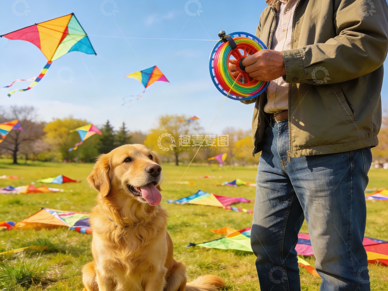 高清大图下载【趣麦麦图】老人与金毛犬放风筝