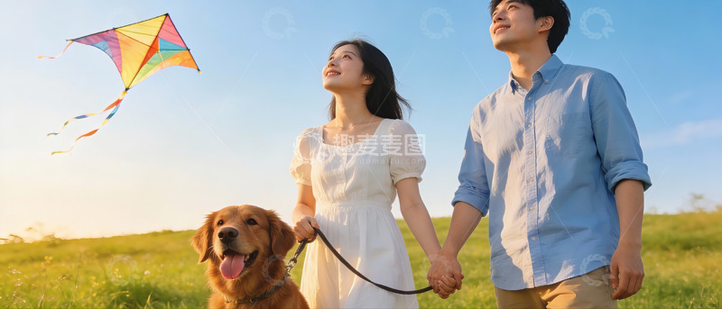 高清大图下载【趣麦麦图】情侣草地放风筝牵狗