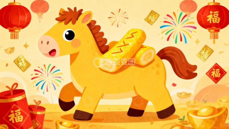高清大图下载【趣麦麦图】卡通马驮年货迎新春