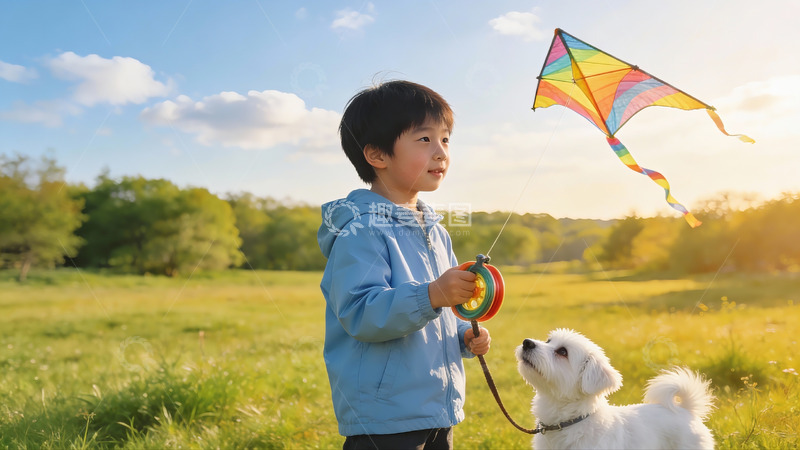 高清大图下载【趣麦麦图】小男孩户外放风筝与小狗相伴