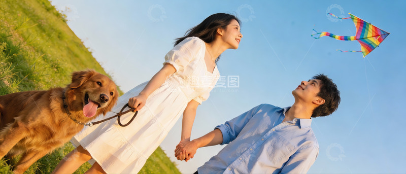 高清大图下载【趣麦麦图】情侣草地放风筝与宠物狗