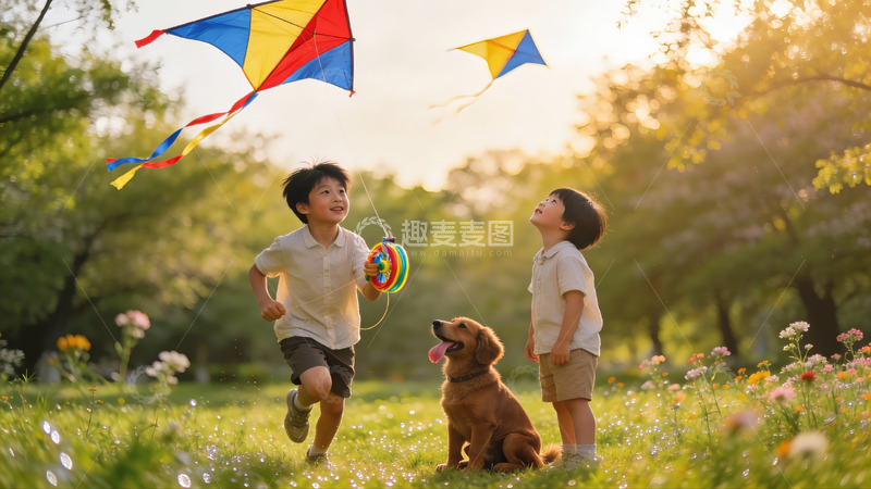 高清大图下载【趣麦麦图】儿童草地放风筝与狗狗相伴