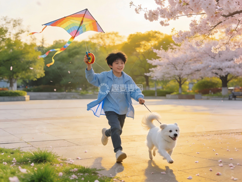 高清大图下载【趣麦麦图】男孩放风筝遛狗春日欢乐