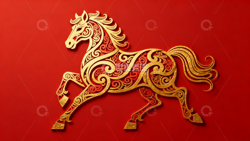 高清大图下载【趣麦麦图】金色骏马剪纸艺术图案