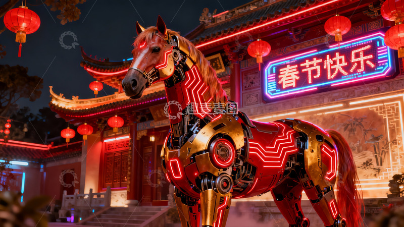 高清大图下载【趣麦麦图】科技机械马迎新春夜景