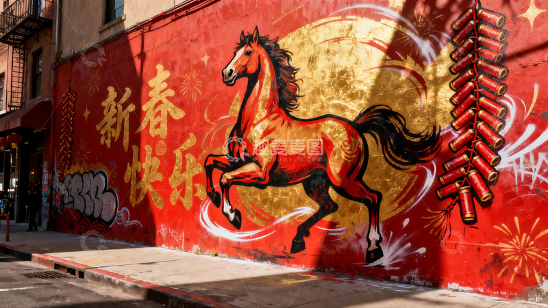 高清大图下载【趣麦麦图】红色墙面上的骏马新春壁画