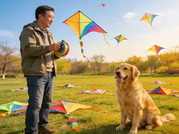 男子与金毛犬放风筝
