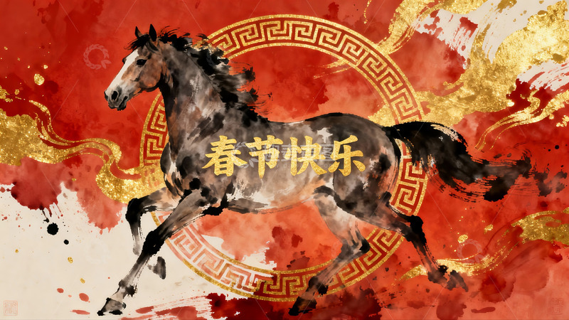 高清大图下载【趣麦麦图】水墨骏马迎春图